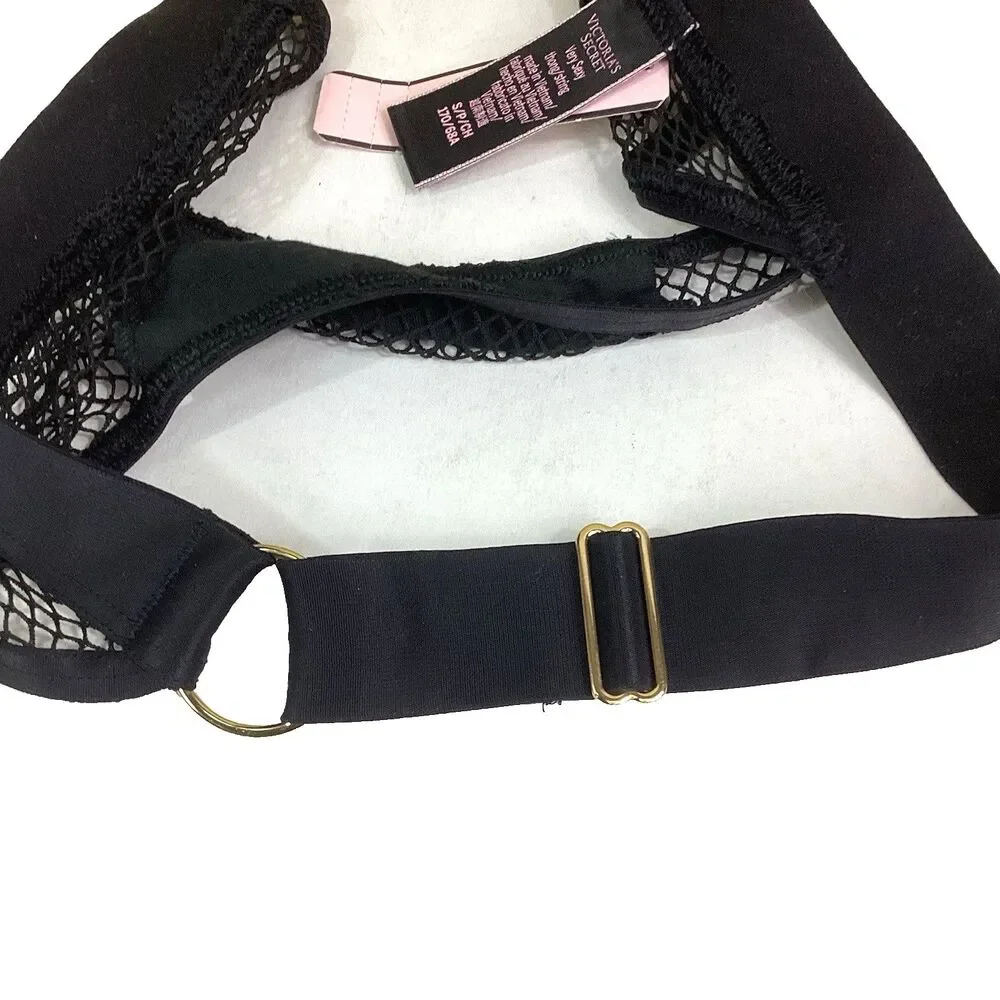 Victorias Secret Very Sexy Thong String Small/Petite Black Fishnet Gold Hardware